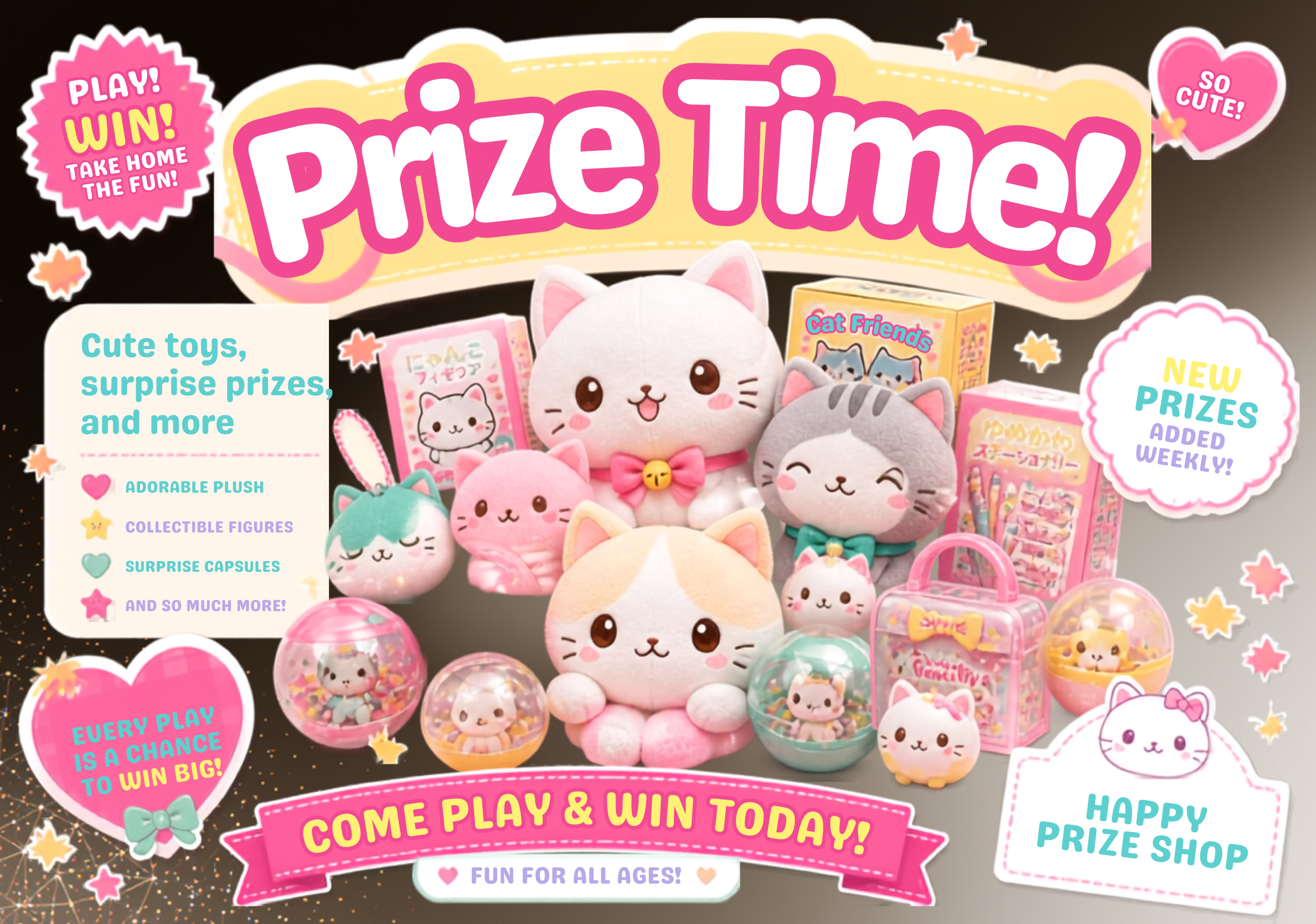 Lucky Picks prize items including plush, collectible figures, and surprise capsules