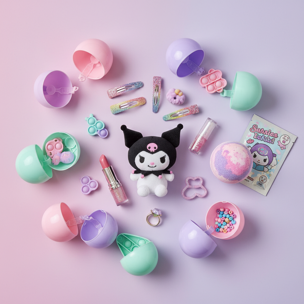 Lucky Picks mystery capsule with prizes including hair accessories, lipstick, lip gloss, bath bomb, face mask, Kuromi plushie, and fidget toys